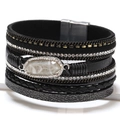 Bracciale bohémien multistrato in pelle intrecciata con cristalli e pietra marmorea - Nero