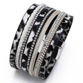 Close-up of leopard print PU leather and rhinestone wrap bracelet with magnetic buckle - White