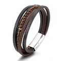 Bracciale multistrato in pelle marrone con pietre occhio di tigre e chiusura magnetica argento - Pelle Marrone Chiusura Argentata