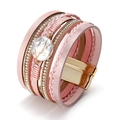 Pulsera multicapa bohemia de cuero rosa con perla blanca y cierre magnético dorado - Rosa