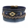 Pulsera envolvente bohemia de cuero azul con cuentas geométricas y cierre magnético - Azul