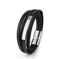 Bracciale multistrato in pelle nera intrecciata da uomo con chiusura magnetica in metallo - Pelle Nera Fibbia Argentata