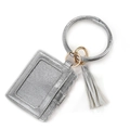 Silver PU leather card holder keychain with wristlet ring and matching tassel details - Silver