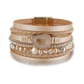 Bracciale vintage multistrato in pelle con perline di cristallo e chiusura magnetica - Cachi