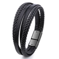 Men's multilayer black braided leather bracelet featuring a polished magnetic metal clasp - Black Buckle - Large / Black