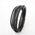 Pulsera multicapa de cuero trenzado negro para hombre con cuentas mate y cierre magnético - Cuero Negro Cierre Negro Cuentas Mate