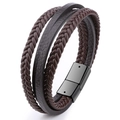Men's multi-layer braided dark brown leather bracelet with black magnetic clasp - Black Buckle - Large / Brown