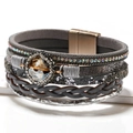 Multilayer bohemian grey leather wrap bracelet with crystal and magnetic gold clasp - Gray