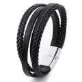Multi-layer black braided leather bracelet for men with silver magnetic metal clasp - Silver Buckle - Small / Black