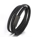 Dreilagiges geflochtenes Lederarmband in Schwarz mit mattem Magnetverschluss aus Stahl - Schwarz