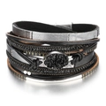 Multilayer leather wrap bracelet with black druzy stone and magnetic clasp for women - Black