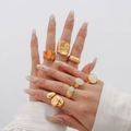 Lava texture gold ring set with orange gemstone and green cabochon for women - Gold Ring Set Four