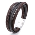 Multi-layer men's leather bracelet in brown and black with silver magnetic clasp - Silver Buckle - Large / Brown