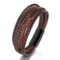 Men's multilayer woven leather bracelet with matte black magnetic steel clasp in brown - Brown Leather Black Clasp