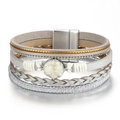 Bracciale bohémien multistrato in pelle e pietre con chiusura magnetica grigia - Bianco