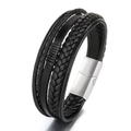 Men's multilayer black braided leather bracelet with brushed magnetic steel clasp - Black Leather Silver Clasp