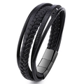 Vue détaillée du bracelet multicouche en cuir noir tressé avec fermoir magnétique - Noir
