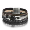 Bracciale multistrato in pelle intrecciata con pietra nera centrale e chiusura magnetica - Nero