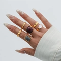 6-piece gold alloy ring set featuring irregular textures and colorful inlaid stones - Gold Ring Set Five