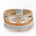 Multi-layer woven leather bracelet with crushed stone inlay and magnetic metal clasp - Khaki
