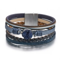 Bracciale boho multistrato in pelle intrecciata con pietra druzy blu e chiusura magnetica - Blu