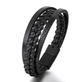 Bracciale multistrato in pelle intrecciata nera da uomo con chiusura magnetica lucida - Nero
