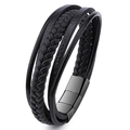 Mens multi-layer black braided leather bracelet with magnetic stainless steel clasp - Black