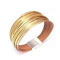 Multilayer brown leather bracelet with golden metal tubes and magnetic silver clasp - Gold