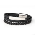 Men's multi-layer bracelet with black lava stone beads, braided leather and silver steel charm - Volcanic Stone 19CM
