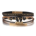 Handmade multilayer black leather bracelet with irregular stones and golden magnetic clasp - Natural Stone Black