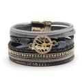 Mehrlagiges Lebensbaum-Armband mit grauem Leder, Kristallen und Magnetverschluss - Grau