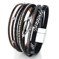 Bohemian multi-layer braided bracelet with metallic shells and magnetic clasp - Black