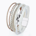 Bohemian multi-layer white wrap bracelet with shell charm and magnetic clasp closure - White