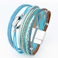 Pulsera bohemia multicapa de cuero trenzado con colgante de concha y cierre magnético - Azul claro