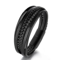 Men's multi-layer black braided leather bracelet with matte black magnetic metal clasp - Black Leather Black Buckle