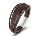 Handmade multilayer dark brown leather cord bracelet with vintage steel magnetic clasp - Brown Leather Silver Clasp