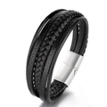 Men's multilayer black braided leather bracelet with vintage stainless steel magnetic clasp - Black Leather Silver Clasp