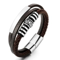 Men's multilayer dark brown braided leather bracelet with stainless steel magnetic buckle - 19cm / Brown