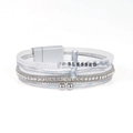 White bohemian layered leather bracelet with silver 'Blessed' cross and magnetic clasp - Cross White