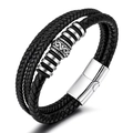 Men's multi-layer black braided leather bracelet with vintage silver steel charms - Silver Style 2