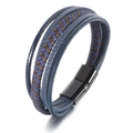 Bracelet multicouche en cuir pour homme bleu et marron avec fermoir magnétique noir - Tresse Mixte Boucle Noire 21cm