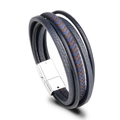 Bracelet multicouche pour hommes en cuir bleu marine avec fermoir magnétique en acier - Corde Mixte Boucle Argentée 19cm