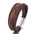 Multi-layer dark brown leather bracelet for men with silver magnetic metal clasp - Stainless Steel Brown Leather Silver Buckle