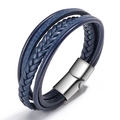 Bracelet multi-rangs en cuir tressé bleu marine pour homme avec fermoir magnétique - Tresse Bleue Boucle Argentée 19cm