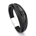 Men's multilayer braided black leather bracelet featuring a magnetic silver metal clasp - Black Leather Silver Buckle