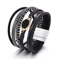 Bohemian multi-layer black leather wrap bracelet with silver magnetic clasp and leopard detail - Black