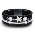 Mehrlagiges schwarzes Lederarmband mit silbernem Seestern Muschel und Kristall-Strasssteinen - Schwarz