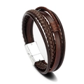 Men's multilayer dark brown braided leather bracelet with a silver magnetic metal clasp - Brown Leather Silver Clasp
