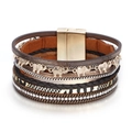 Bracelet bohème multicouche en cuir avec charm éléphant et fermoir magnétique strass - Marron