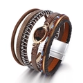 Bohemian multi-layer leather bracelet with leopard print charm and magnetic clasp - Brown